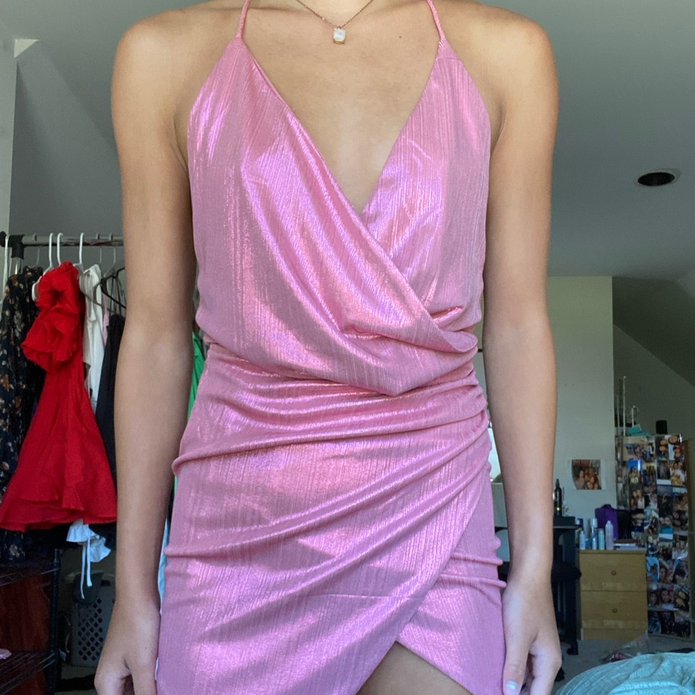 Chrome pink deep V slip dress with open back